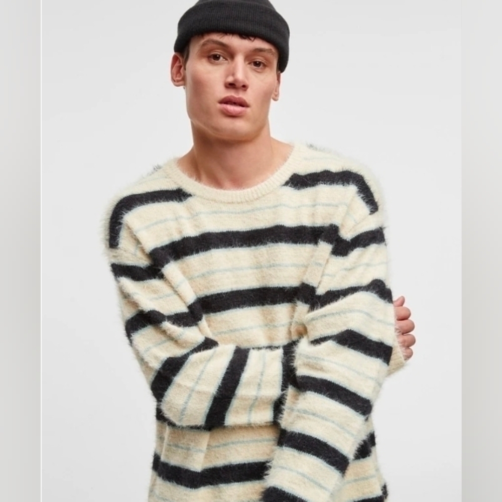 Mode Of One Mens Long Sleeve Eyelash Stripe Sweater, Large